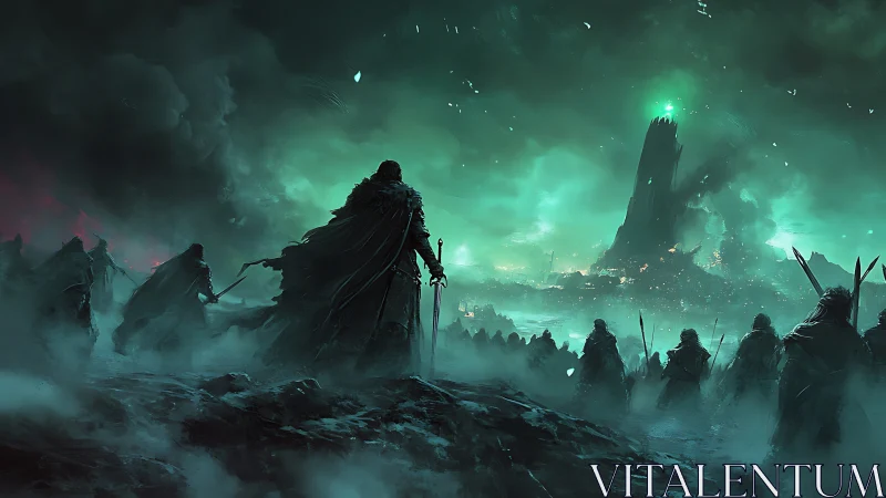 Shadowed warband beneath the emerald stormtower sky.