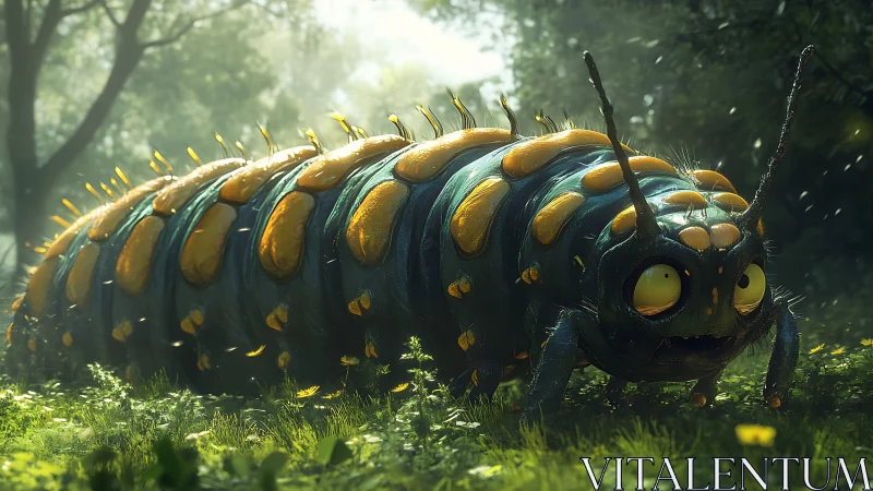 Grotesque forest caterpillar lumbers through hazy green light.