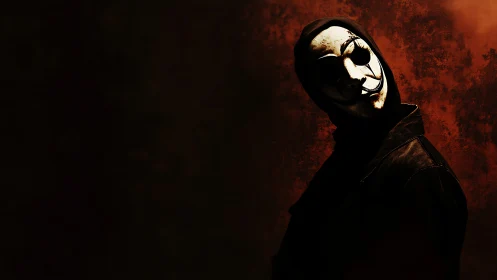 Masked figure leans from darkness in ominous red glow