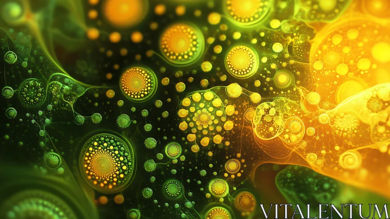 Green and yellow fractal circles in glowing abstract field.