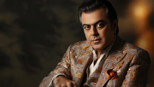 Regal gaze in bronze brocade, poised under velvet light.