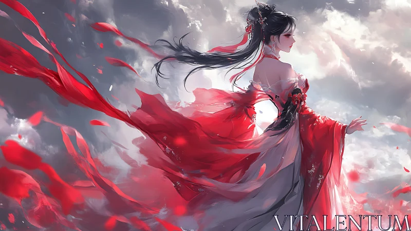Graceful sky dancer wrapped in flowing crimson ribbons.