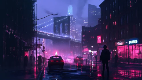 Neon taxi crosses rainy bridge under violet city glow