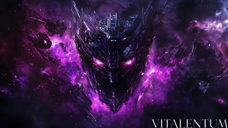 Mechanical face structure in purple cosmic environment.