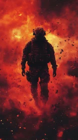 Digital painting of soldier silhouette in engulfing inferno field.