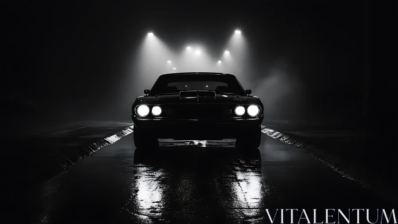 Muscle car silhouette cuts through misty midnight streetlights