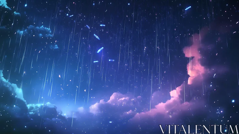 Digital night sky scene shows meteoric streaks and cloud forms