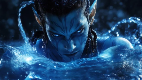 Blue alien warrior in water with intense glowing gaze.