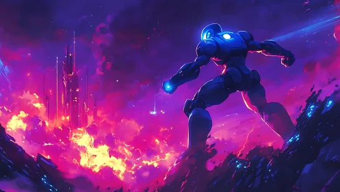 Neon storm sentinel strides toward burning cyber citadel.