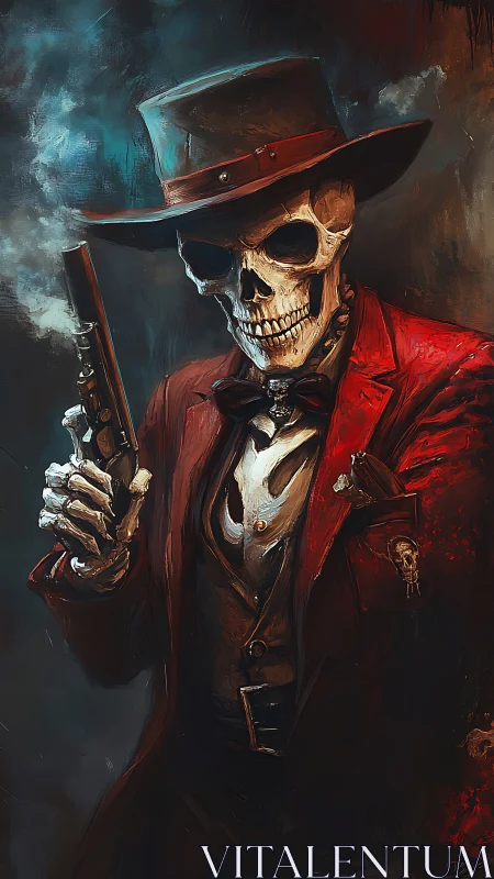 Gun-toting skeleton in crimson suit under smoky night sky.