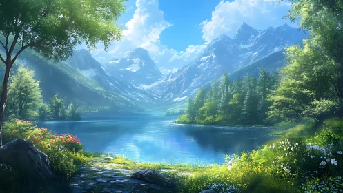 Sunlit alpine lake framed by blooming forest shoreline.