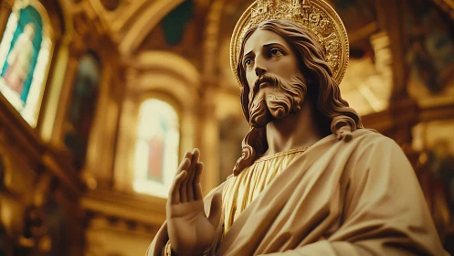 Statue of robed figure stands before ornate church interior