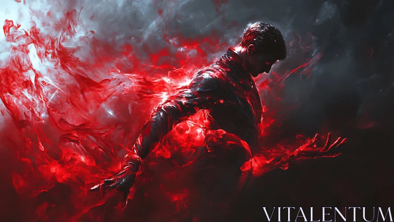 Solitary figure engulfed in red abstract energy field.