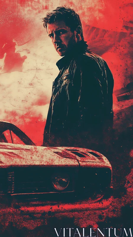 High-contrast neo-noir driver with muscle car silhouette