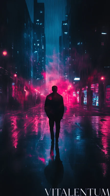 Lone night wanderer glowing in neon rainwashed streets.