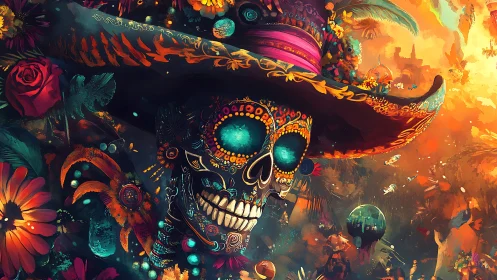 Highly saturated sugar skull portrait with ornate floral hat and glowing eyes