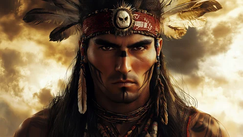 Warrior portrait shows fierce gaze under stormlit skies