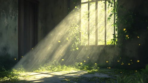 Sunlit abandoned room glows as nature quietly reclaims it