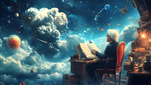 Elderly writer maps a dreamlike cosmos from his desk.