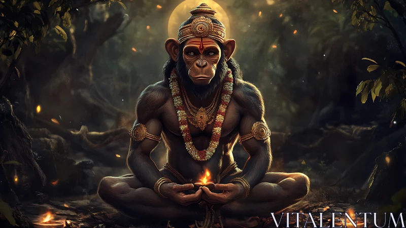 Mythic meditating simian deity with garlands and diya flame