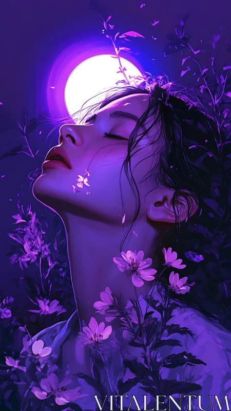 Profile portrait of woman amid violet flowers at moonrise.