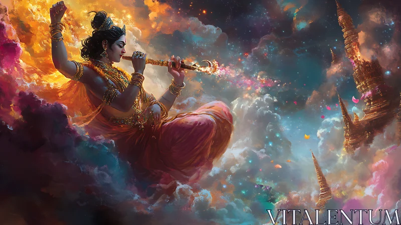 Celestial flute bearer weaving jeweled clouds of starlight.