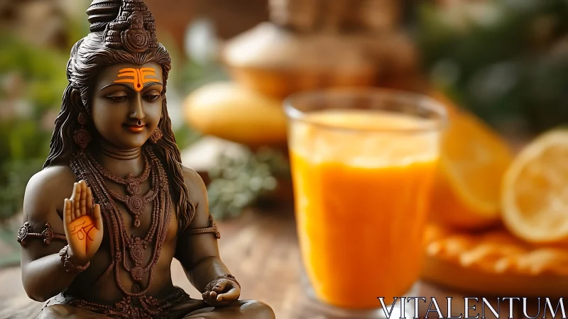 Hindu deity statue sits beside glass of orange juice