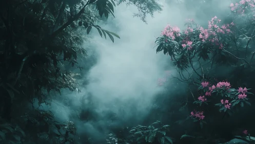 Misty Forest Landscape with Pink Flowering Shrubs.