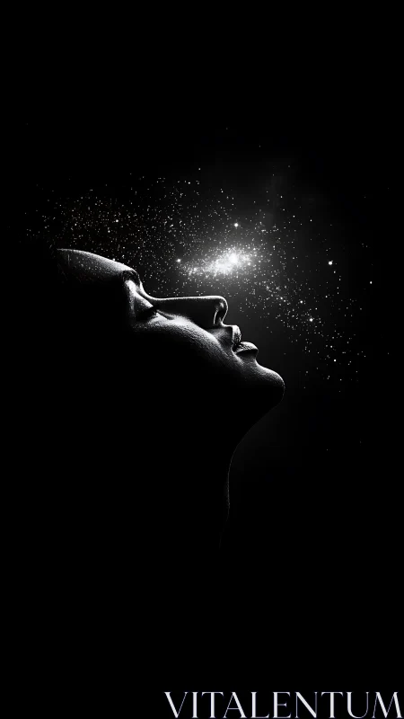 Human profile merges with luminous cosmic dust in darkness