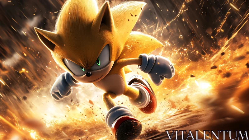 Golden hedgehog character sprints through fiery explosion