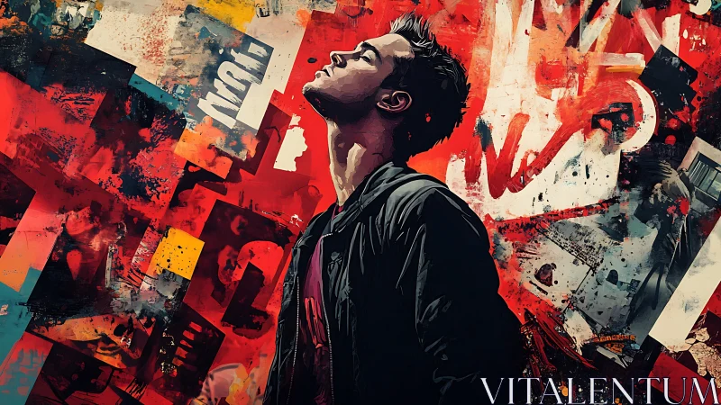 Urban portrait collides with explosive red graffiti chaos.