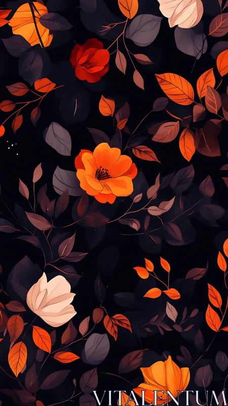 Dark Floral Pattern with Luminous Orange Blooms