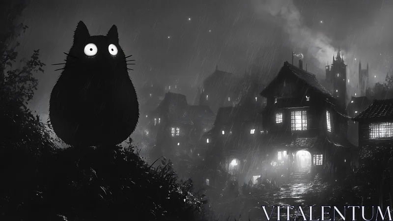 Giant shadow cat watches stormlit village in rain-soaked night.