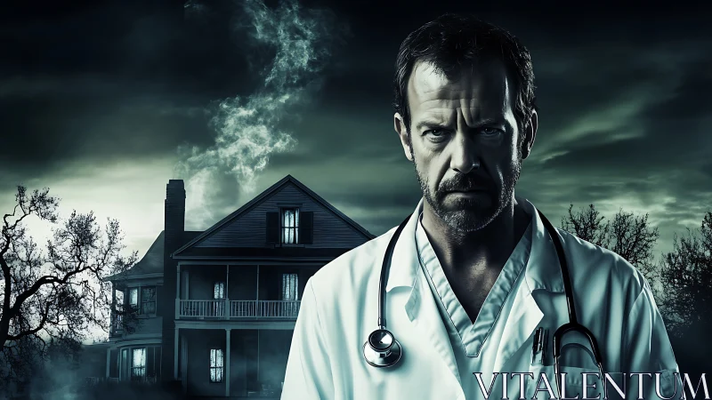 Male doctor in white coat before dark rural house at night.