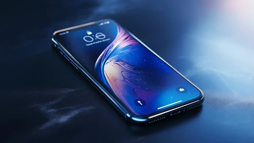 Modern smartphone on reflective dark surface in focus.