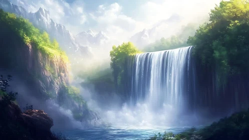 High-dynamic-range mountain waterfall with volumetric mist rendering