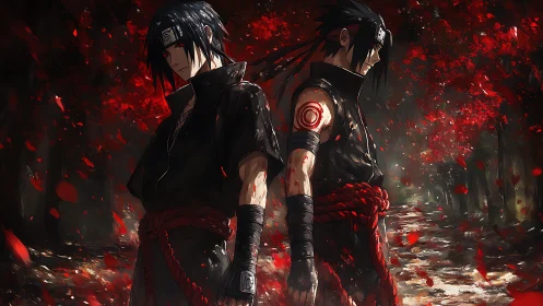 Dramatic twin warriors in crimson forest anime composition.