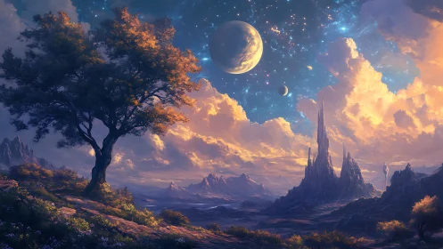 Landscape depicts tree, rock spires, and multi-planet sky at dusk