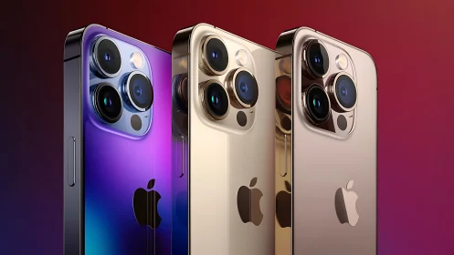 Three modern Apple smartphones in glossy metallic colors.