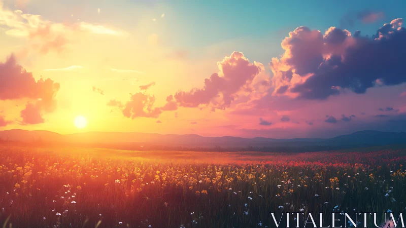 Sunlit wildflower meadow glowing under a soft evening sky.