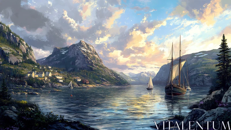 Mountain fjord harbor with sailboats at luminous sunset.