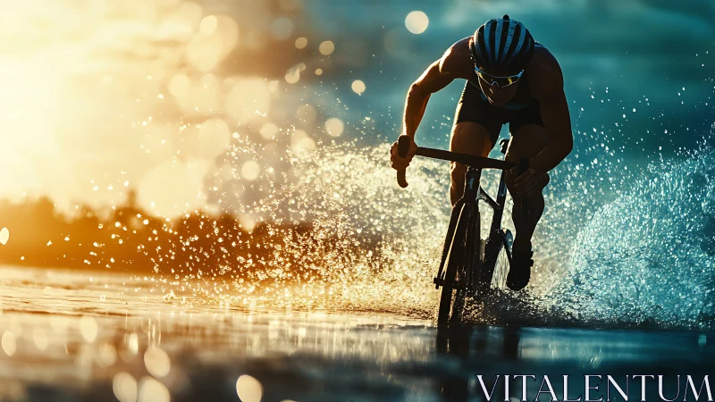 Backlit cyclist sprints through water with dramatic bokeh contrast