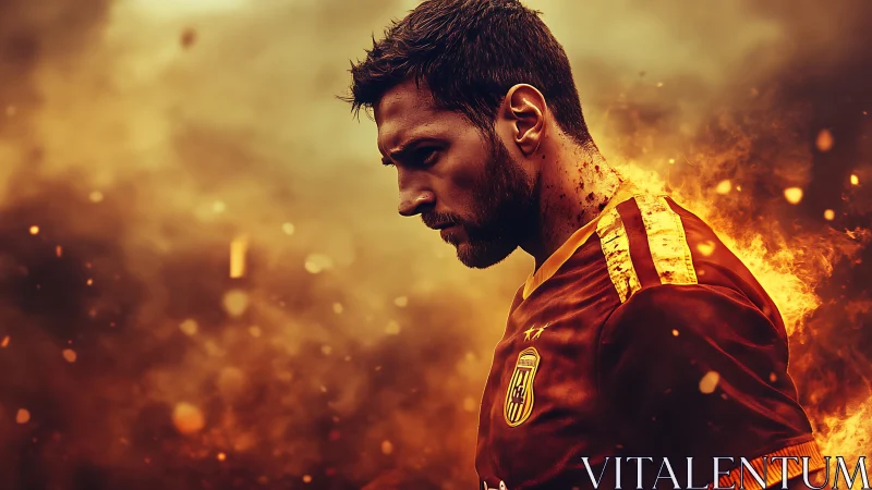 Fiery digital portrait of focused soccer player in profile.