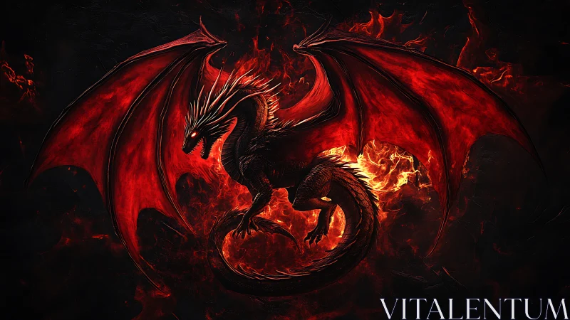 Red dragon with spread wings dominates a fiery background