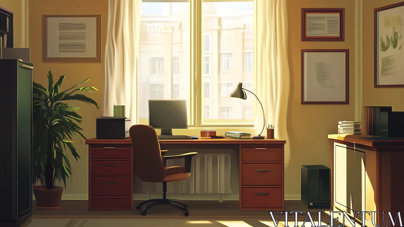 Sunlit workspace shows organized desk and central window