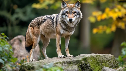 Grey wolf stands alert on mossy rock in shallow depth of field