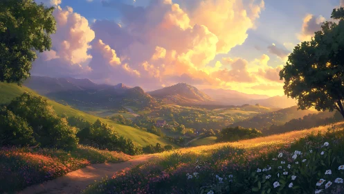 Golden valley sunset over rolling hills and wildflowers.