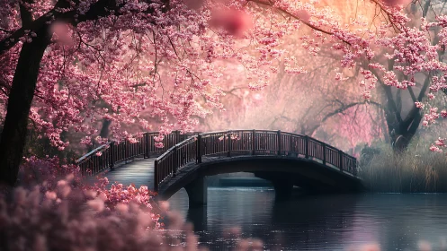 Wooden footbridge over river framed by pink blossom trees.