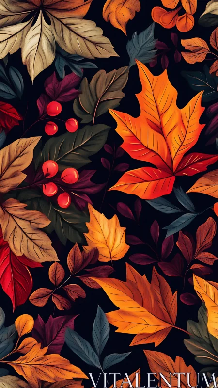 Autumn foliage pattern renders layered leaves with high chroma contrast