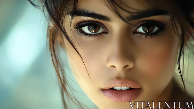 Close frontal portrait shows detailed female facial features